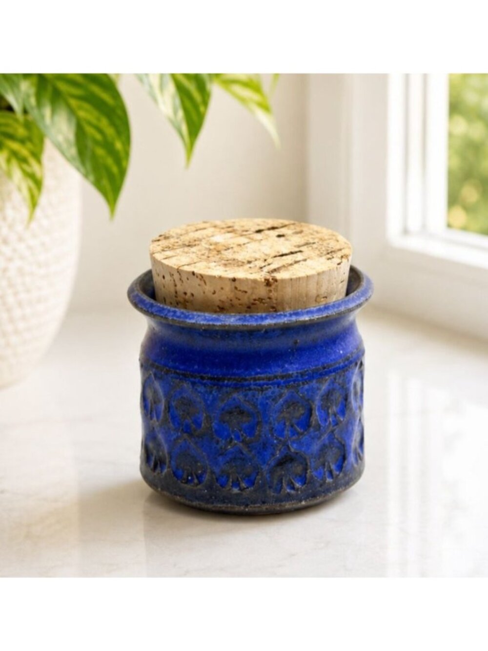 Vintage Handcrafted Blue Stoneware Jar With Cork Lid - Embossed Design - 4 Inche